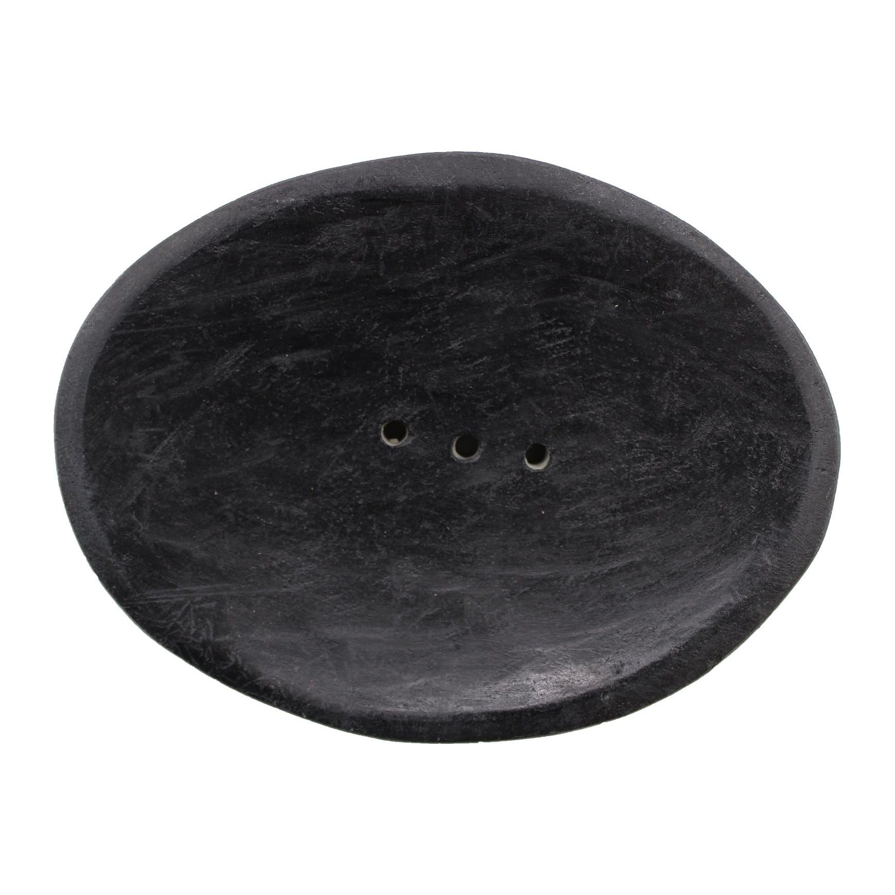 Oval black marble soap dish with holes in the bottom