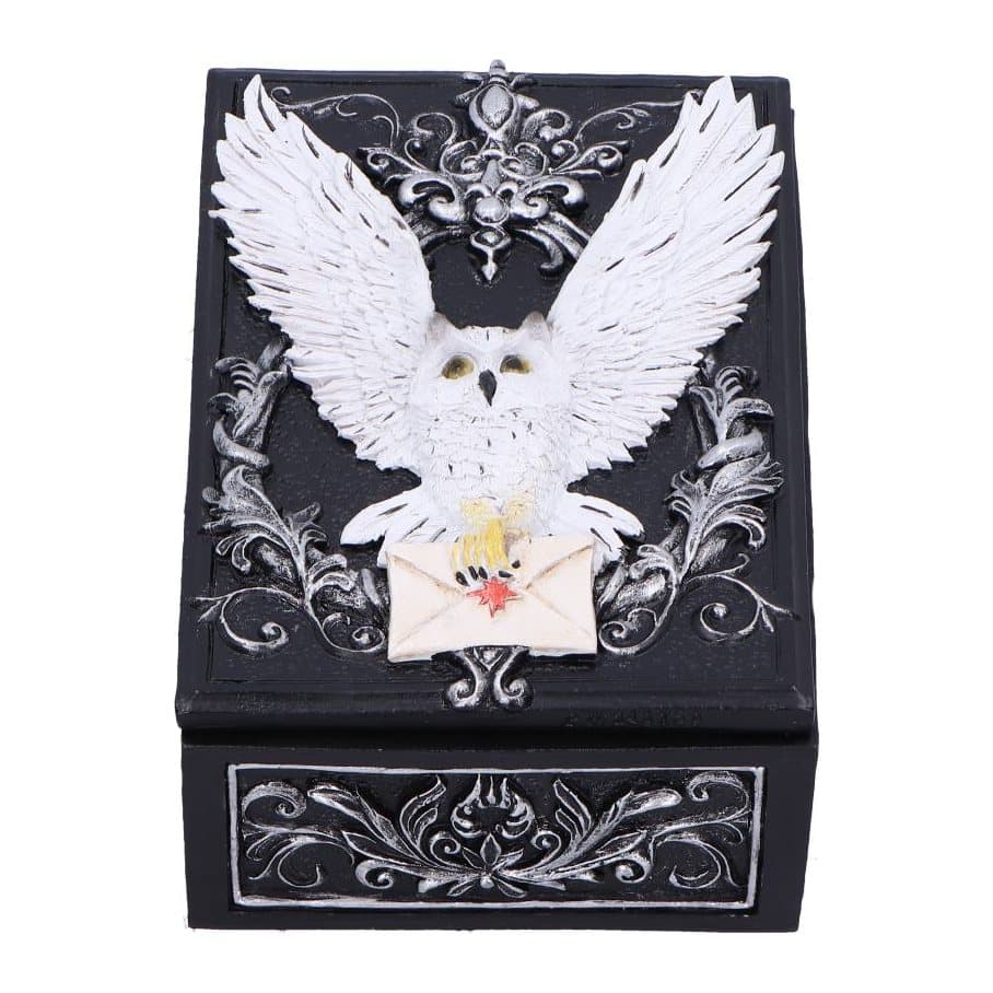 White snowy owl trinket box holding a sealed letter among gothic floral patterns