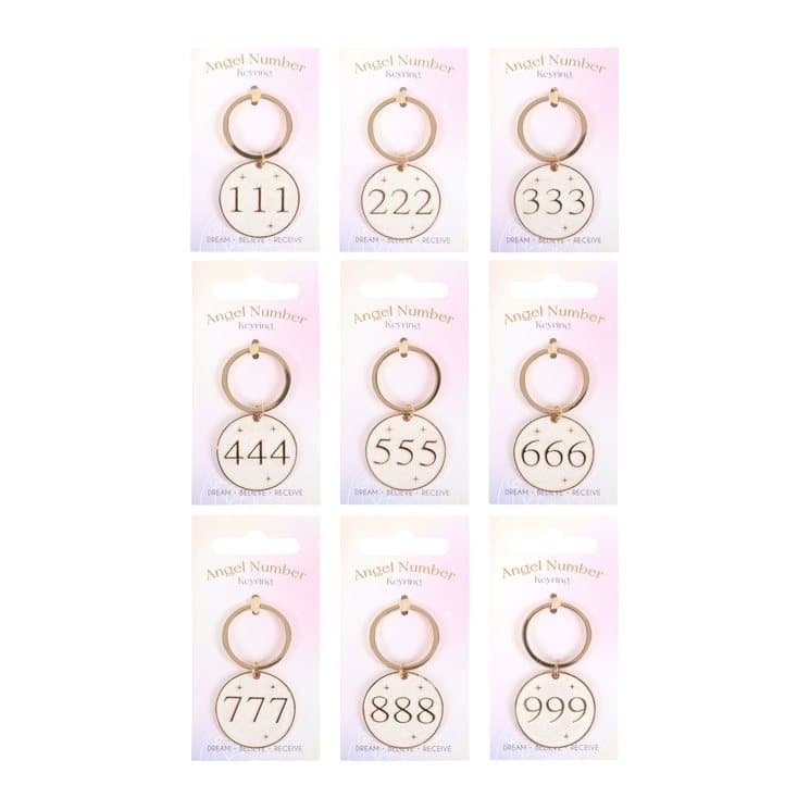 Pack of 9 metal angel number keyrings