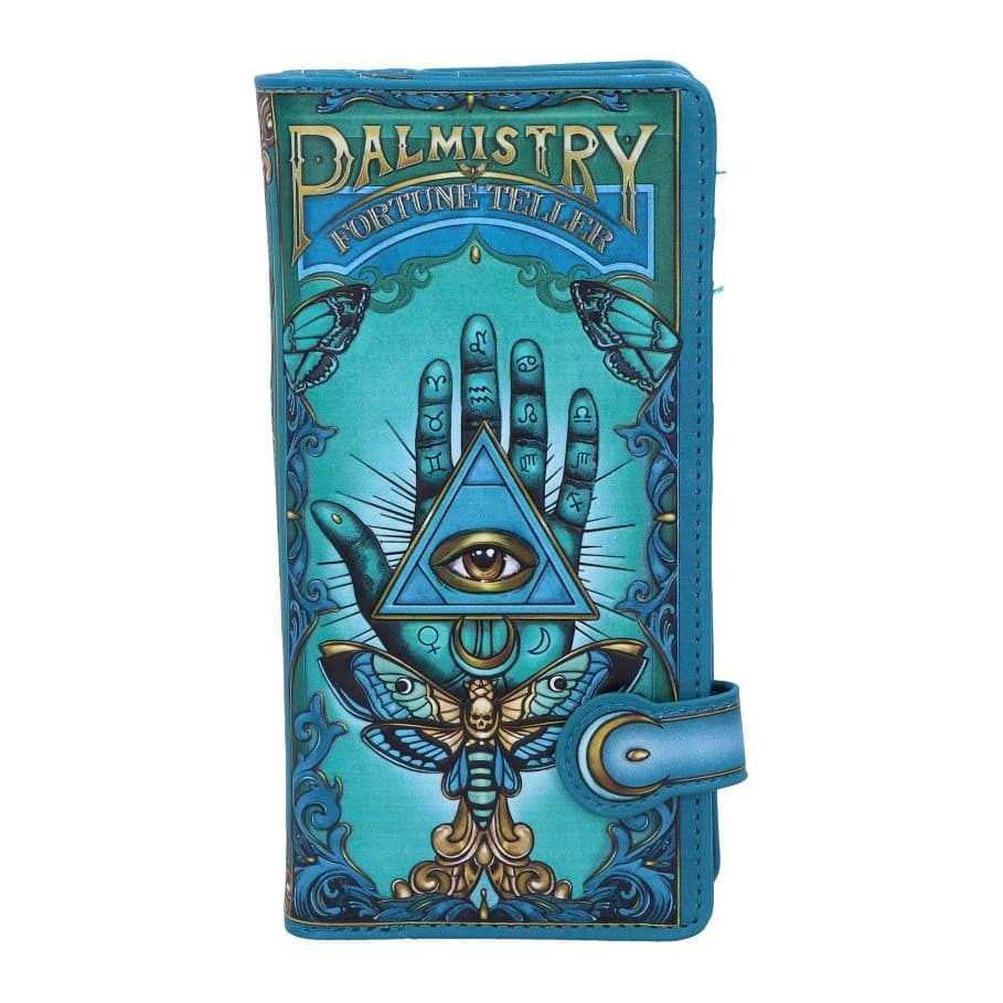 Aqua blue embossed purse with a gold palm, Eye of Providence and skull butterfly design