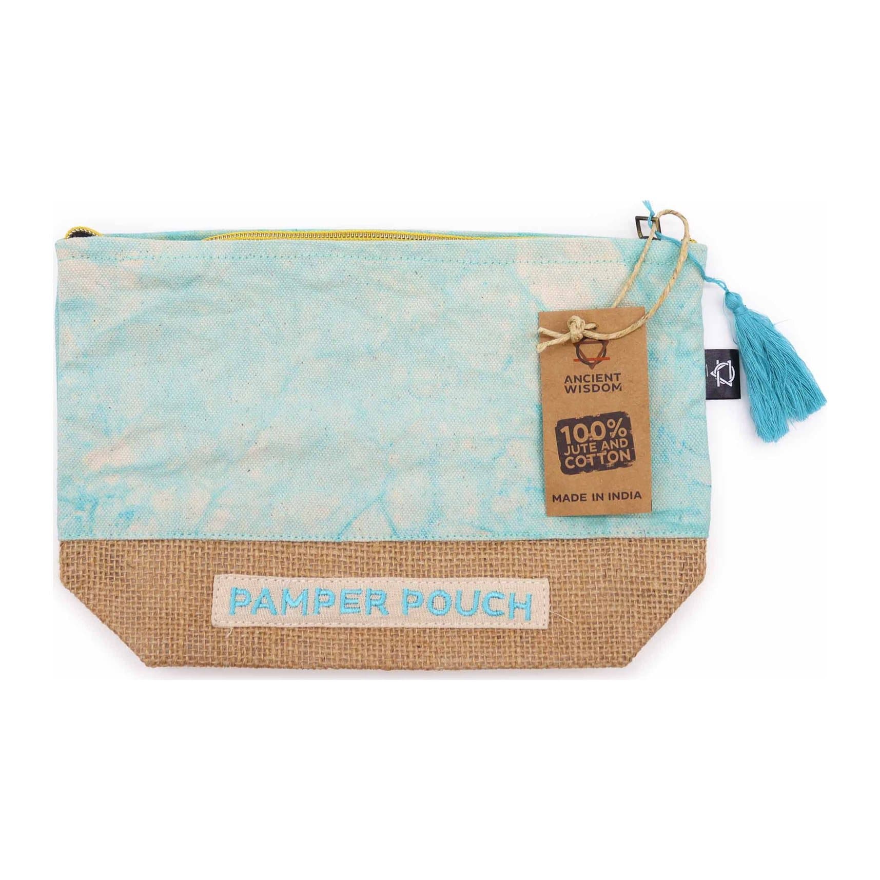 Blue stonewash pamper pouch in jute and cotton