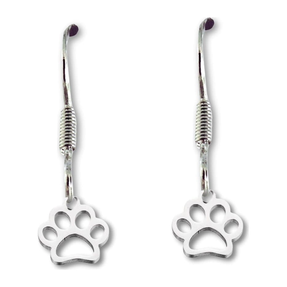 Silver paw print drop earrings with a bright high polished charm.
