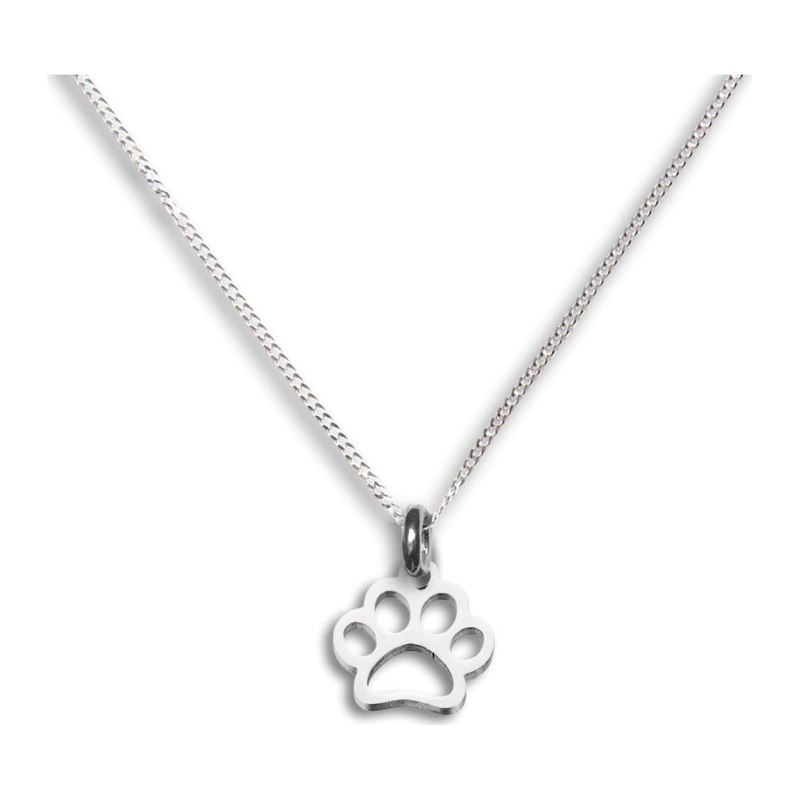 Silver paw print necklace on a chain
