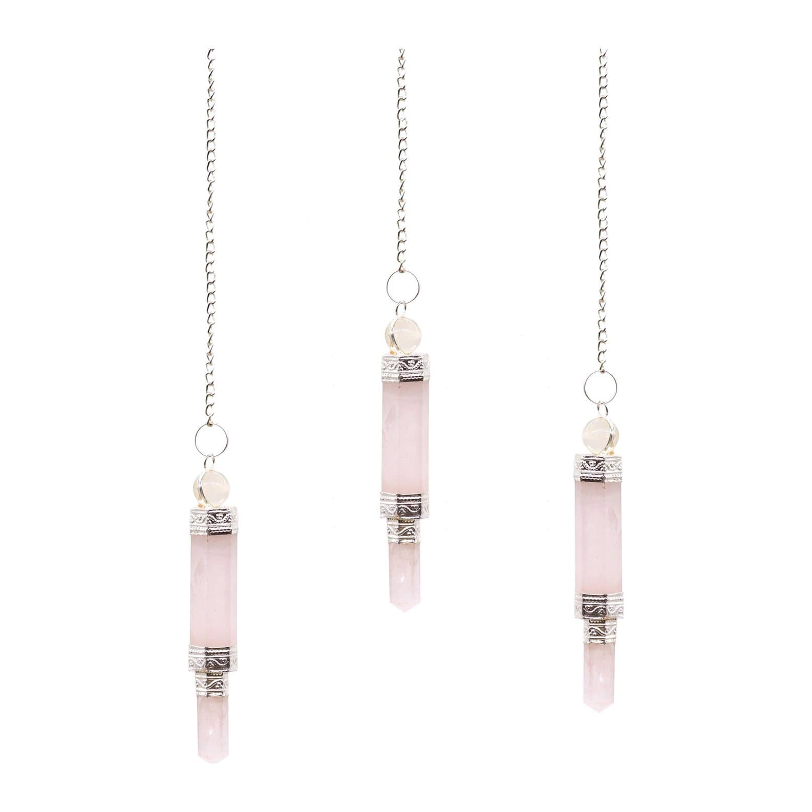 Pale pink rose quartz pendulum on a silver plated chain