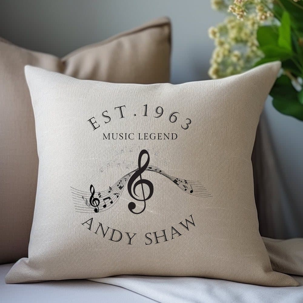 Cream square personalised cushion with a name, birth year and musical notes