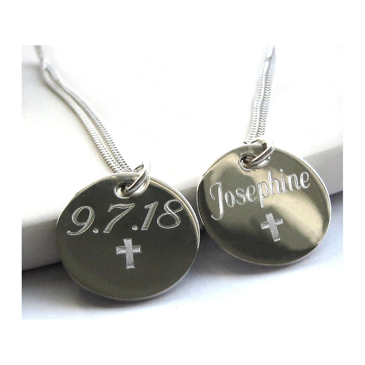 Personalised cross necklace with an engraved disc on a silver chain