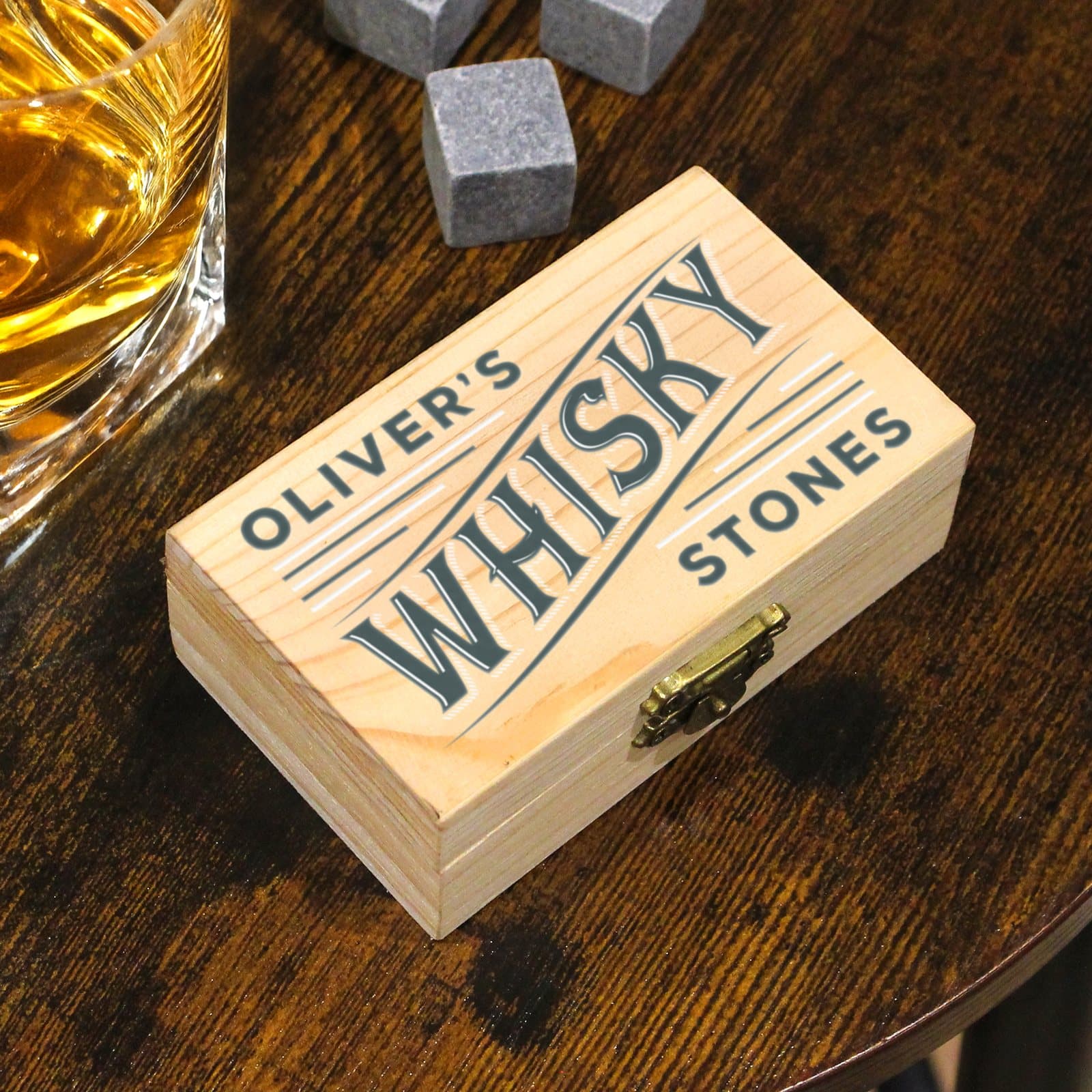 Personalised whisky stones in a wooden box