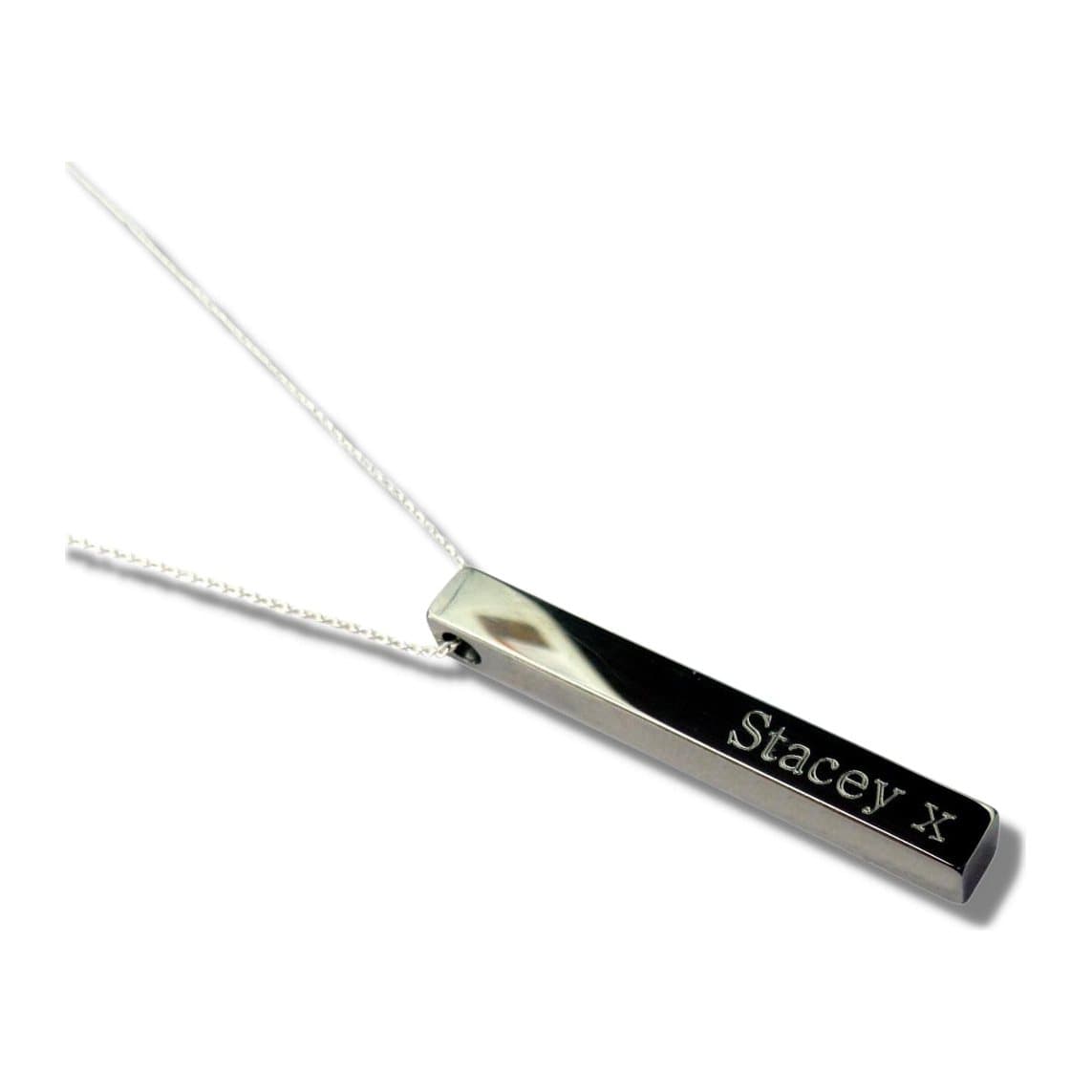 Personalised wide bar necklace with a silver engraved bar on a fine chain