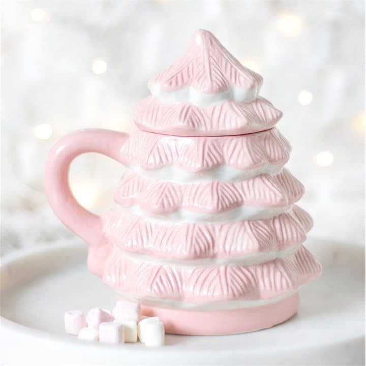 Pink Christmas tree shaped mug with a removable lid