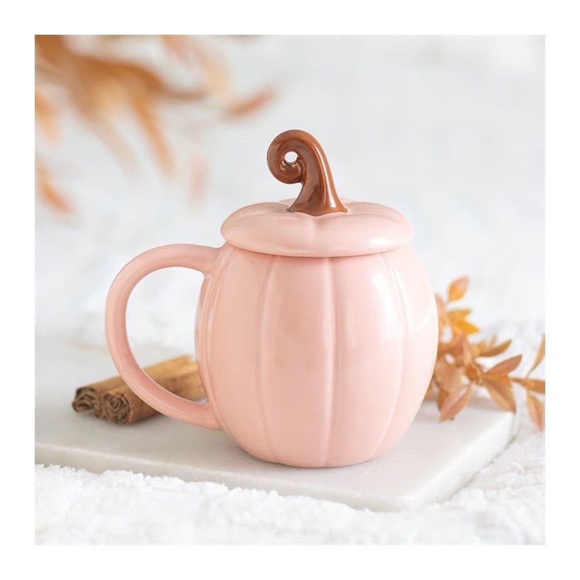 Pink pumpkin mug with a curly stem lid