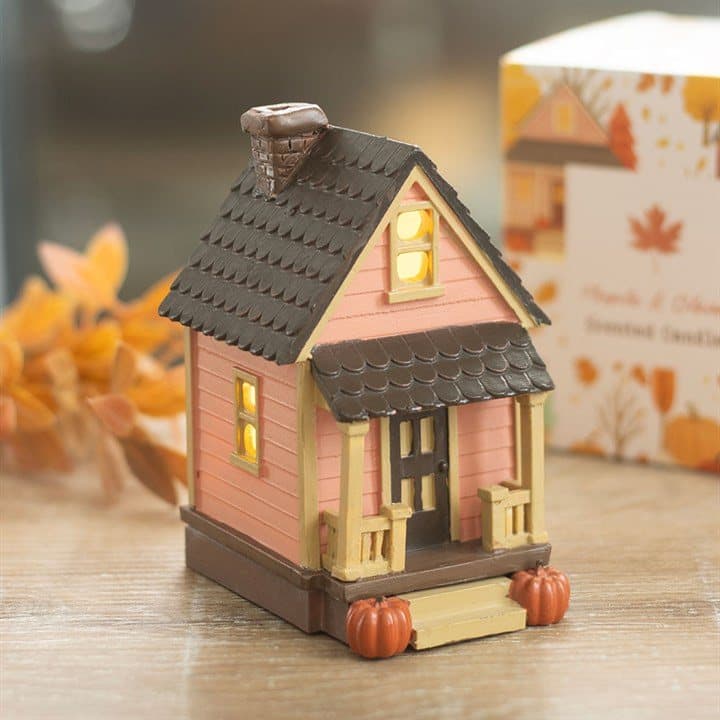 Pink light-up resin house with pumpkins
