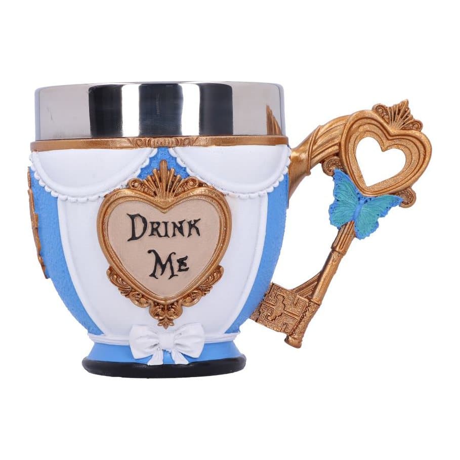 Pinkys Up Alice cup with a blue and white tea dress and Drink Me design