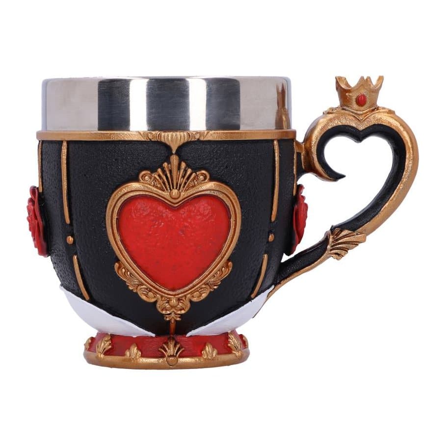 Queen of Hearts cup with red hearts, roses and a gold crown on the handle