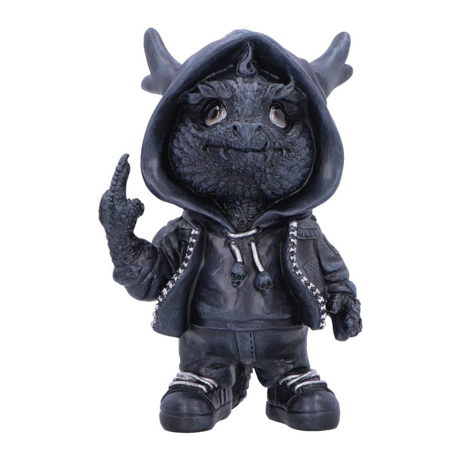 Black dragon figurine in a hoodie, sticking up its middle finger