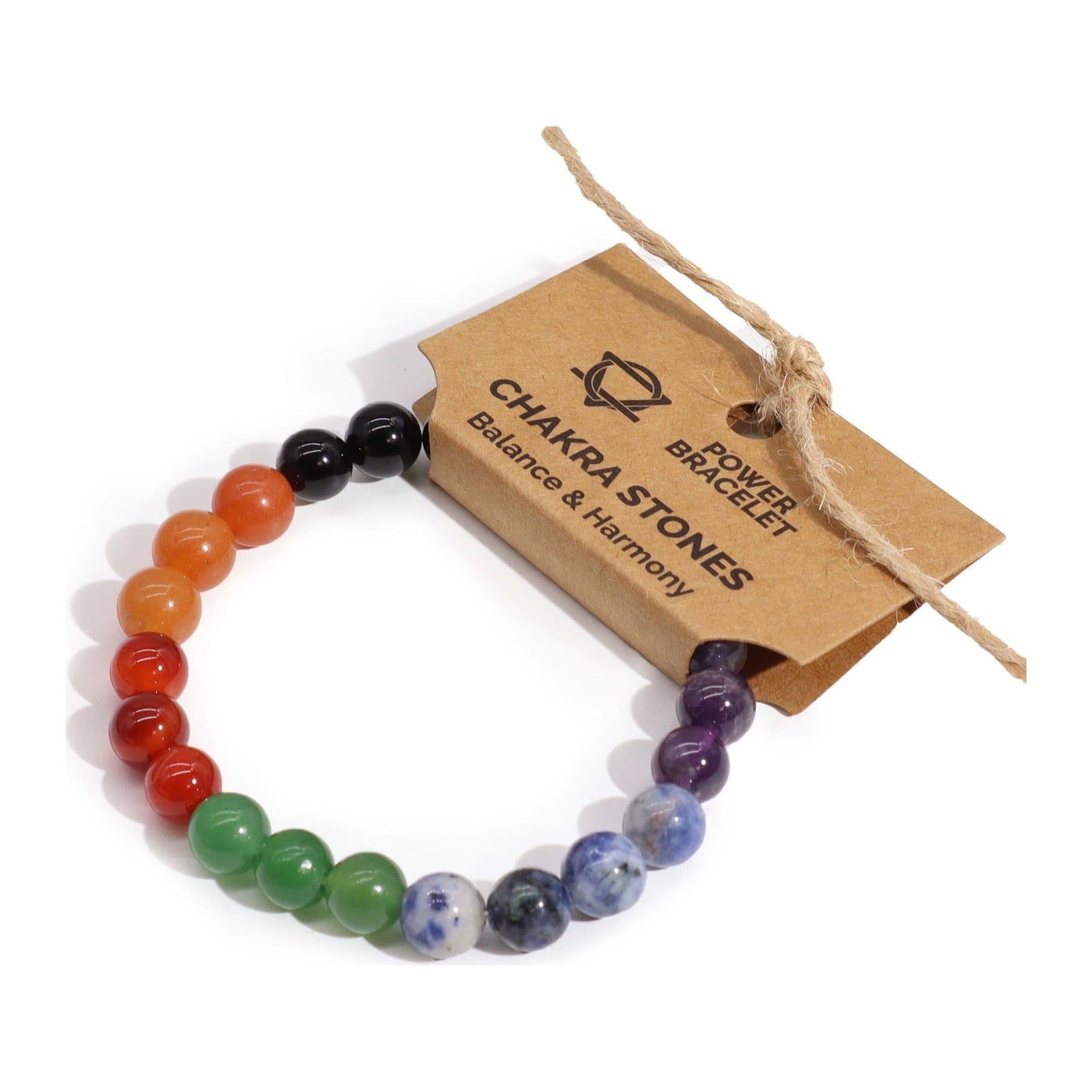 Chakra bracelet of seven gemstones strung on a stretch cord