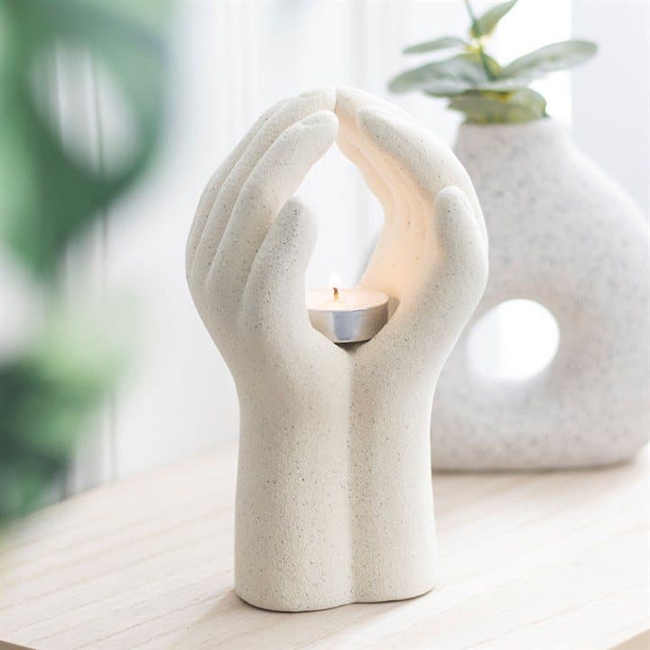 Praying hands ceramic tealight holder