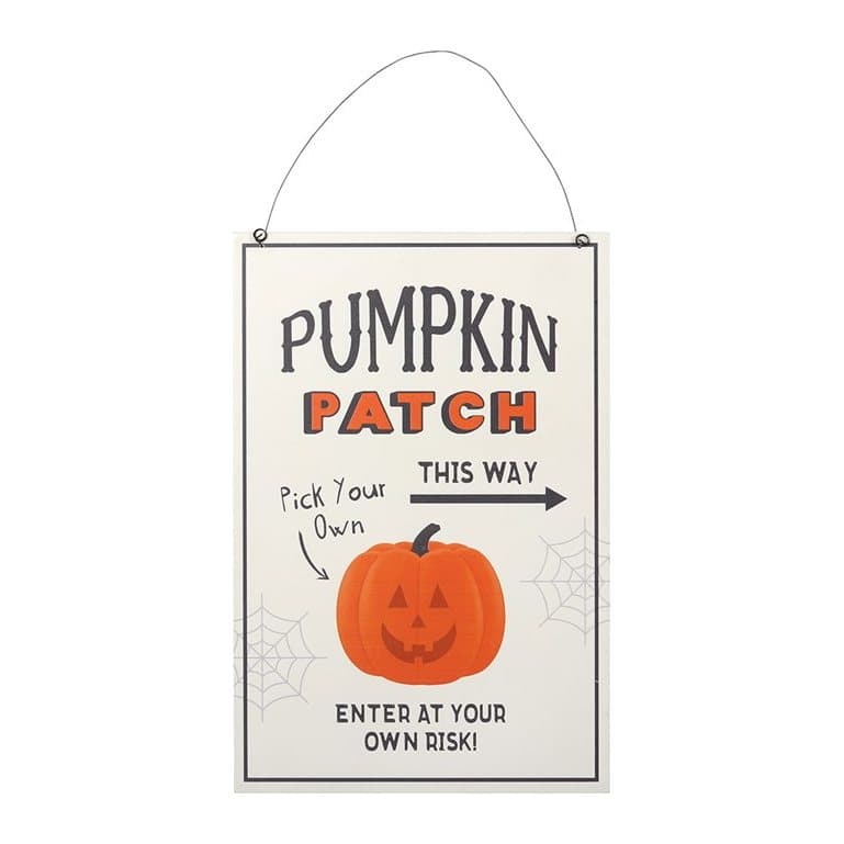 Hanging Halloween sign with a smiling jack-o'-lantern, spider webs and an arrow
