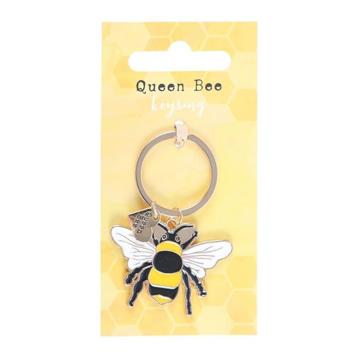 Bright enamel bee keyring with a heart-shaped Queen Bee charm