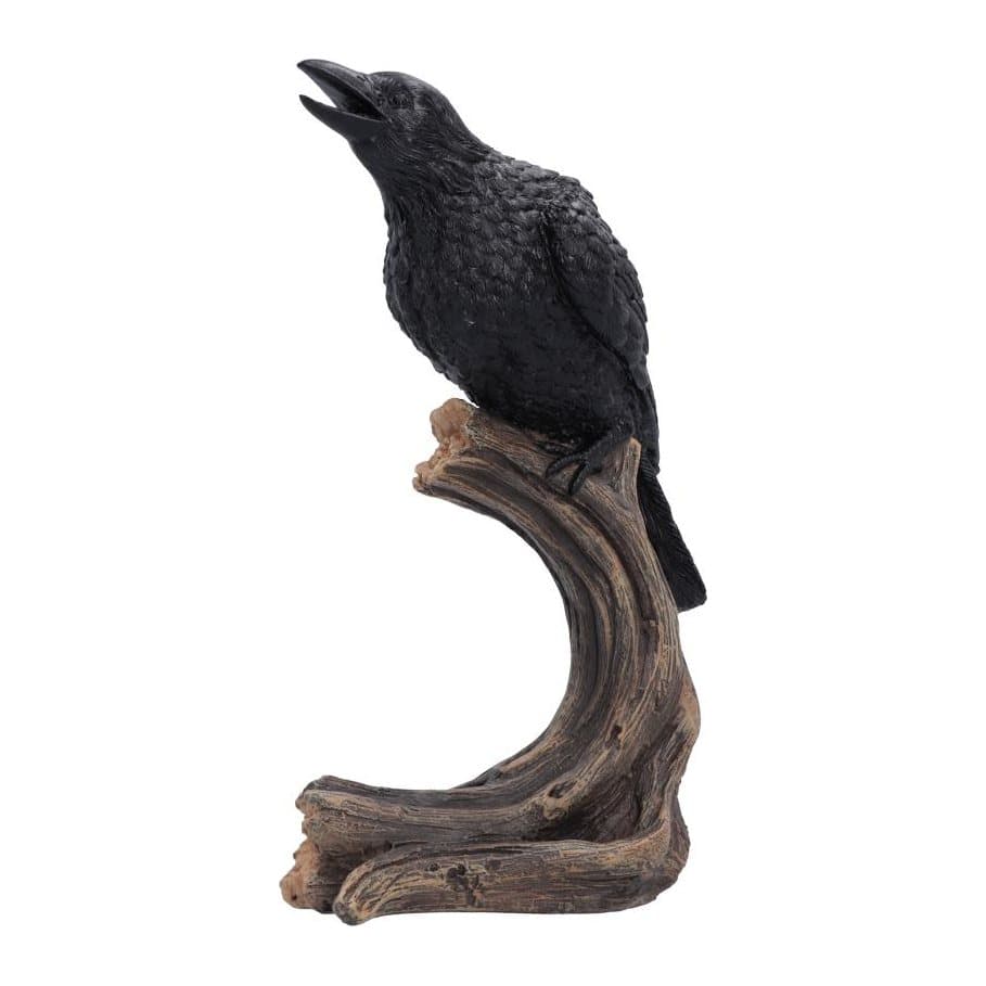 Black raven mid-caw on a textured tree branch, gothic resin figurine