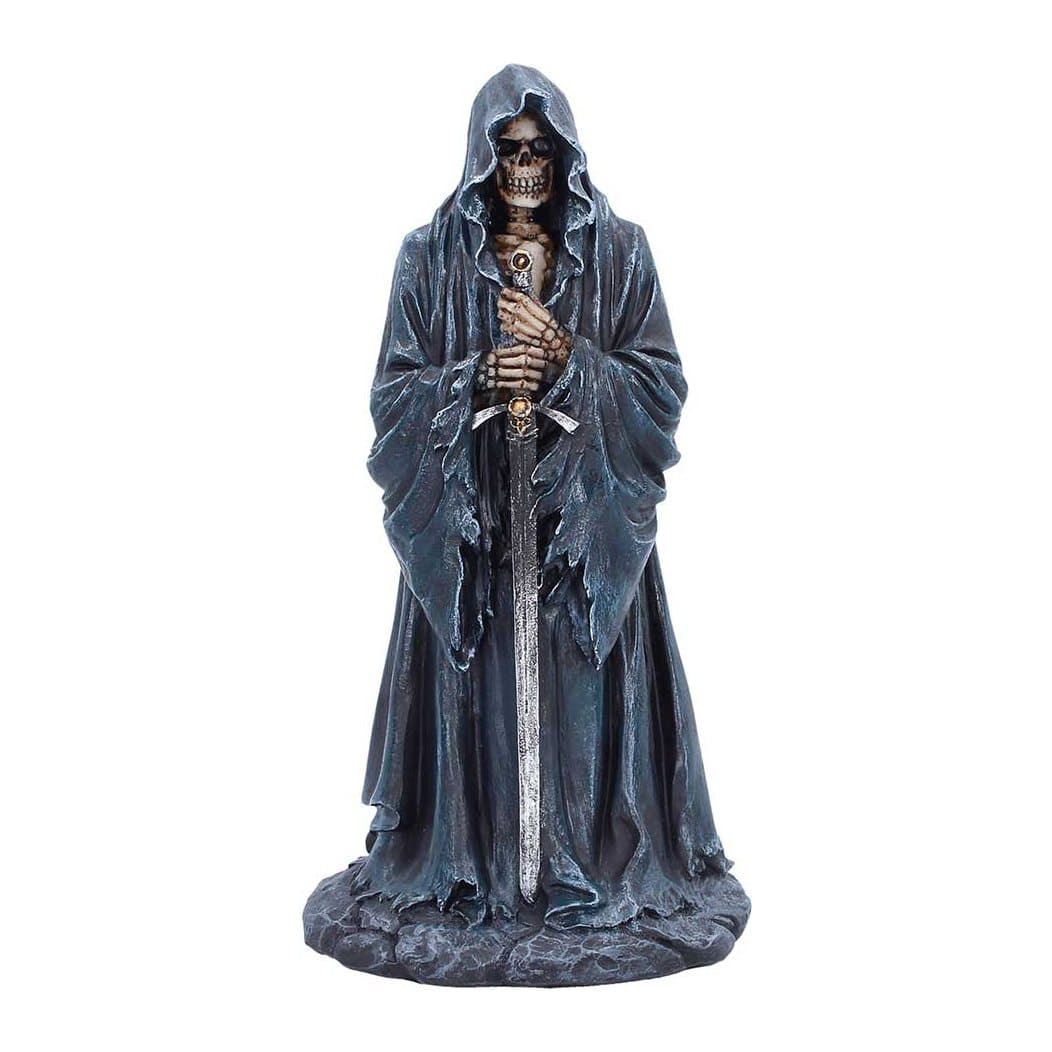 Grim Reaper figurine, robed skeleton with sword pointed downward on black rocky base