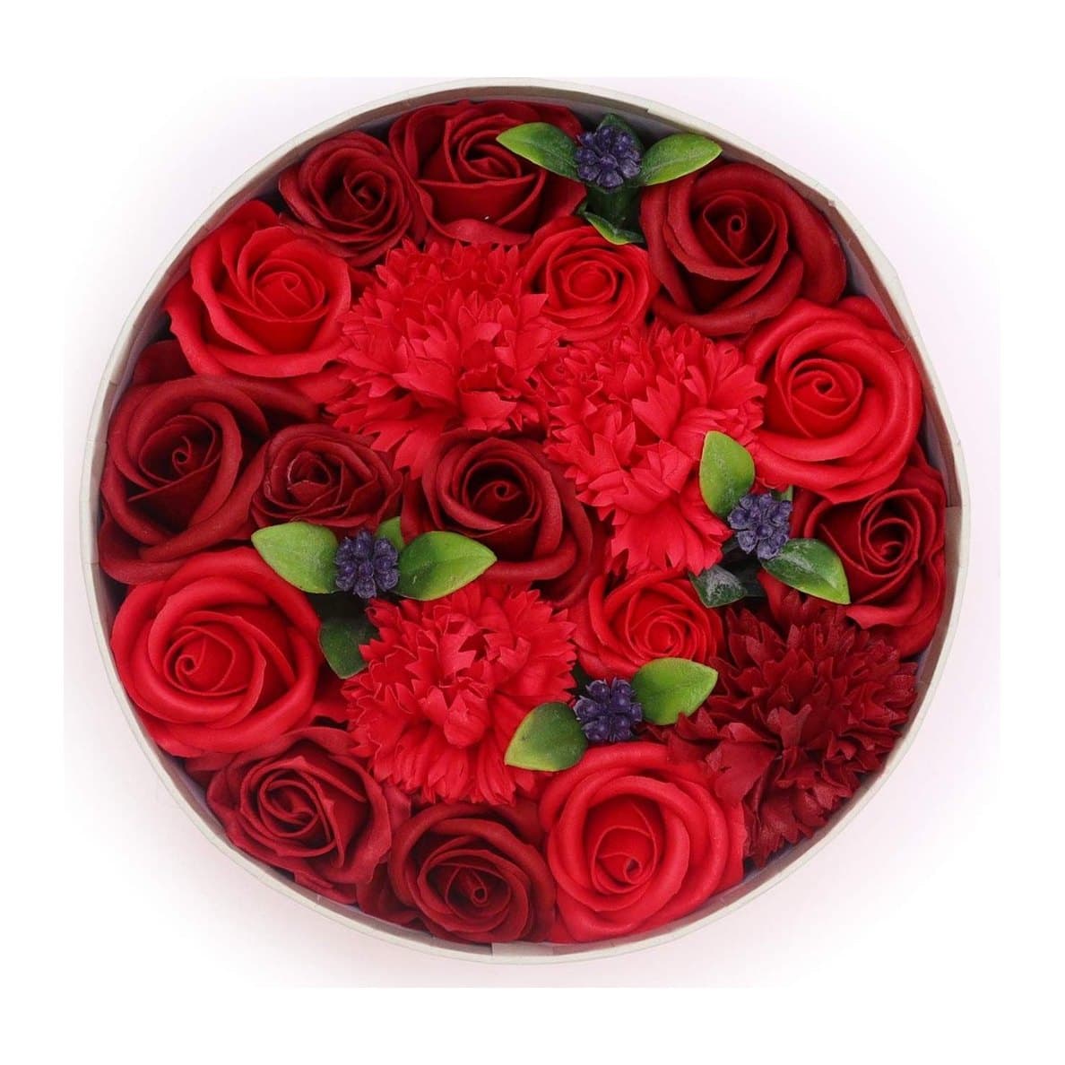 Round gift box filled with classic red soap flower roses