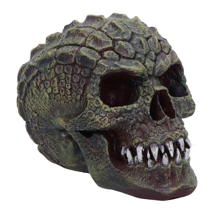 Green resin reptilian scale skull with sharp fangs and spiked scales