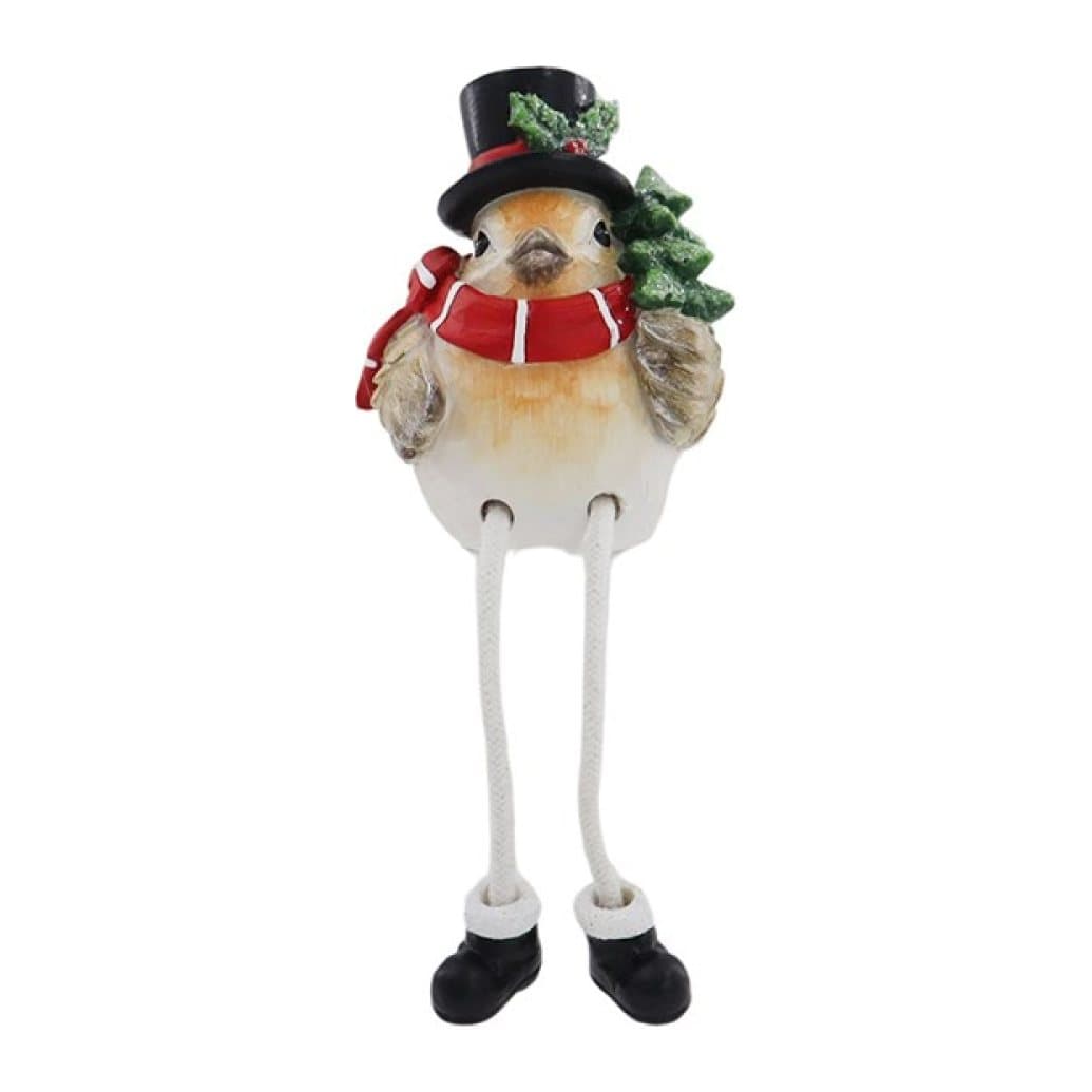 Resin robin in a top hat and scarf with dangling legs