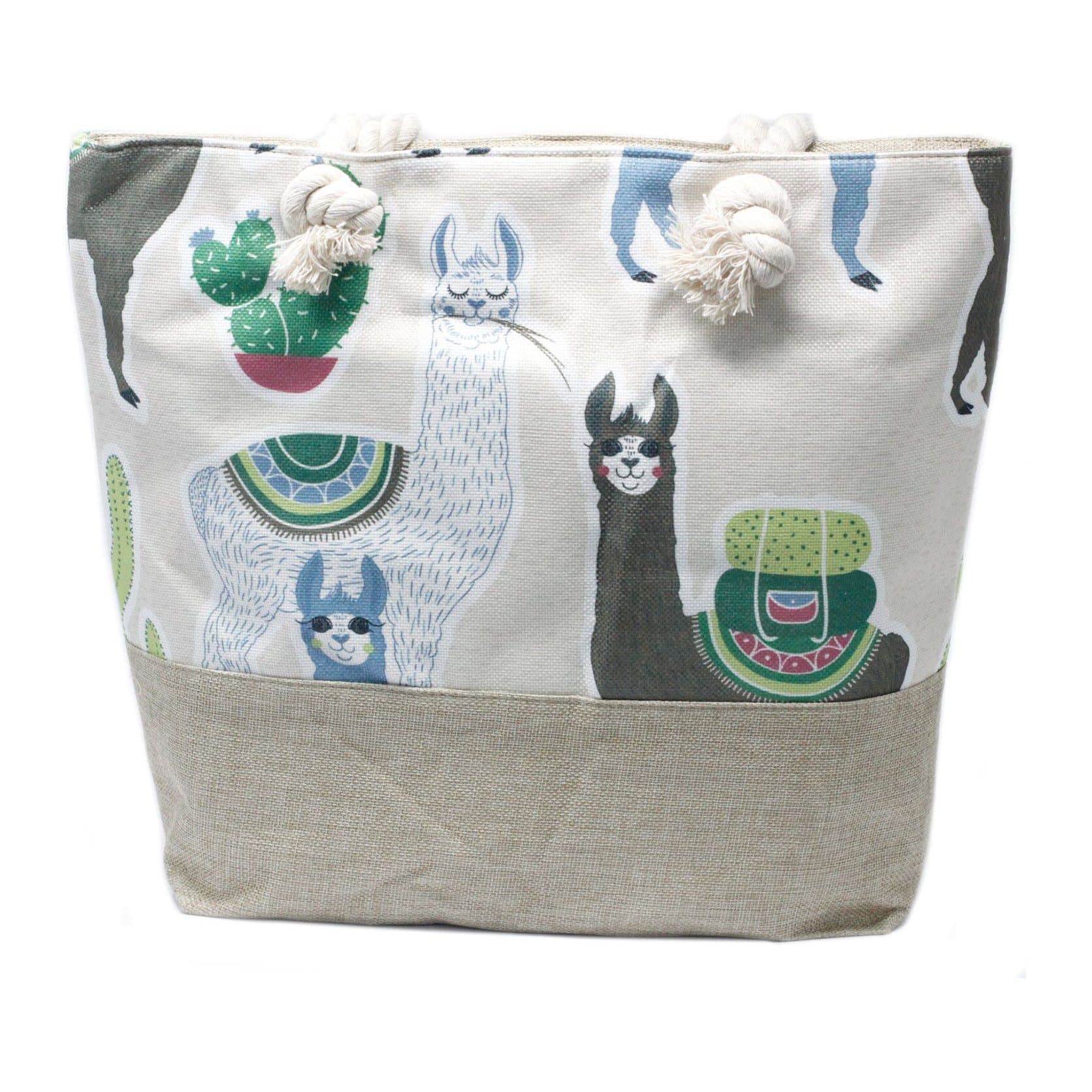 Woven style green and beige canvas tote bag with llamas and rope handles