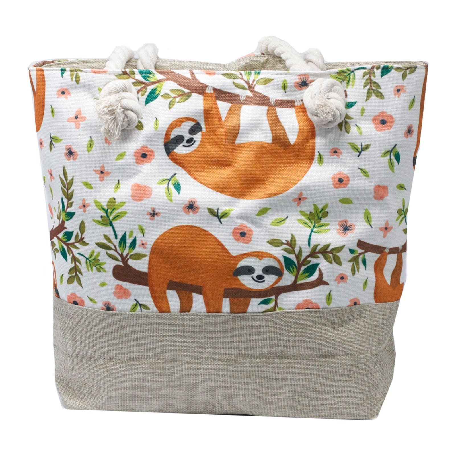 Canvas beach tote bag with a sloths design and soft rope handles