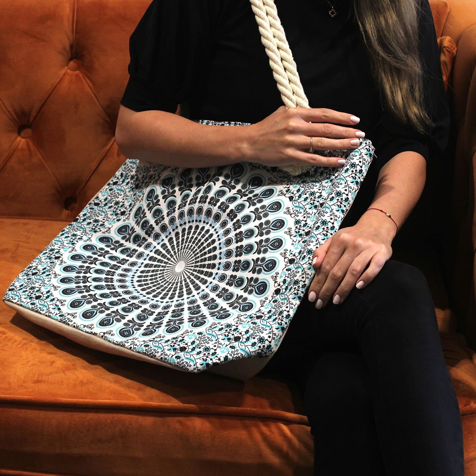 Sky blue Rope Handle Mandala Bag with mandala pattern and two shoulder straps