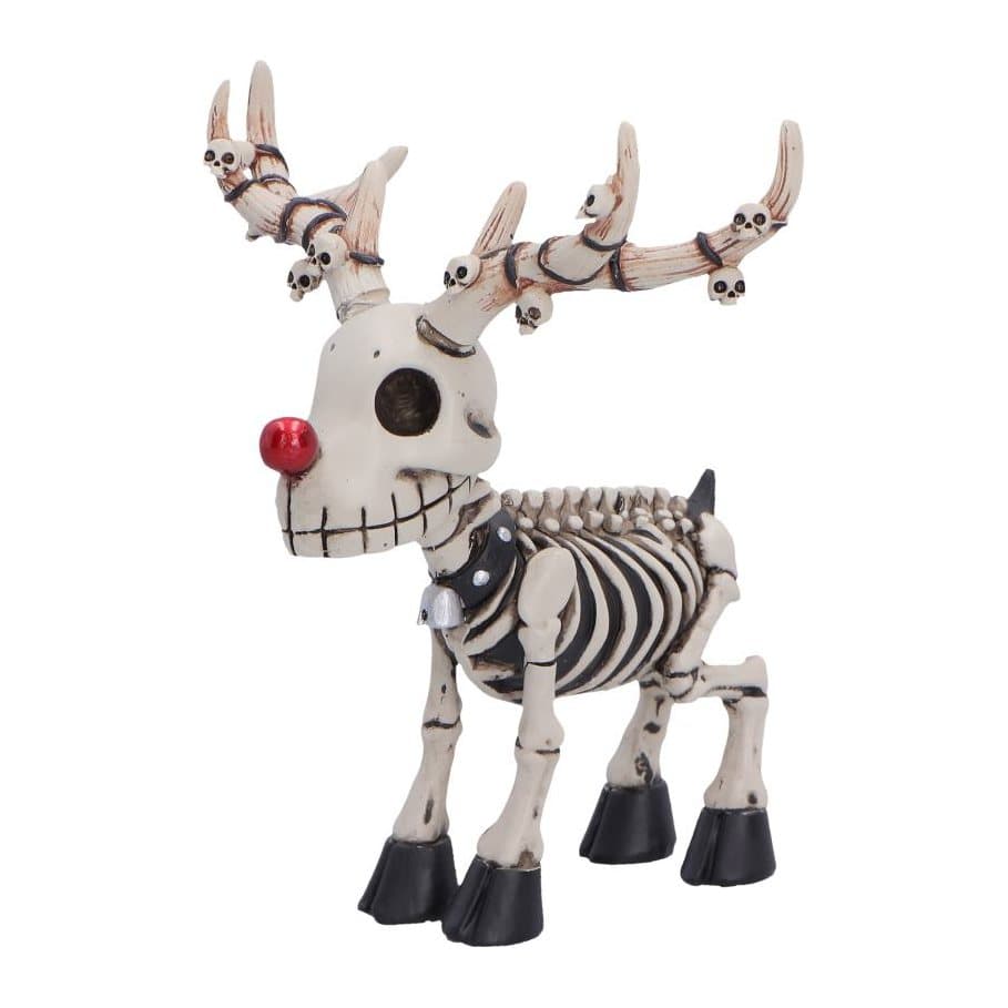 Skeletal reindeer figurine with skulls on the antlers and a red nose