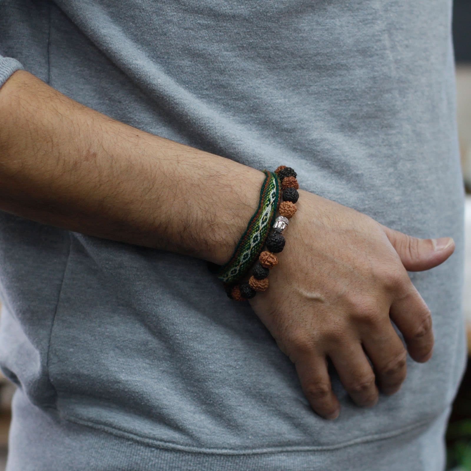 Mix Rudraksha Buddha bangle mala with wood beads
