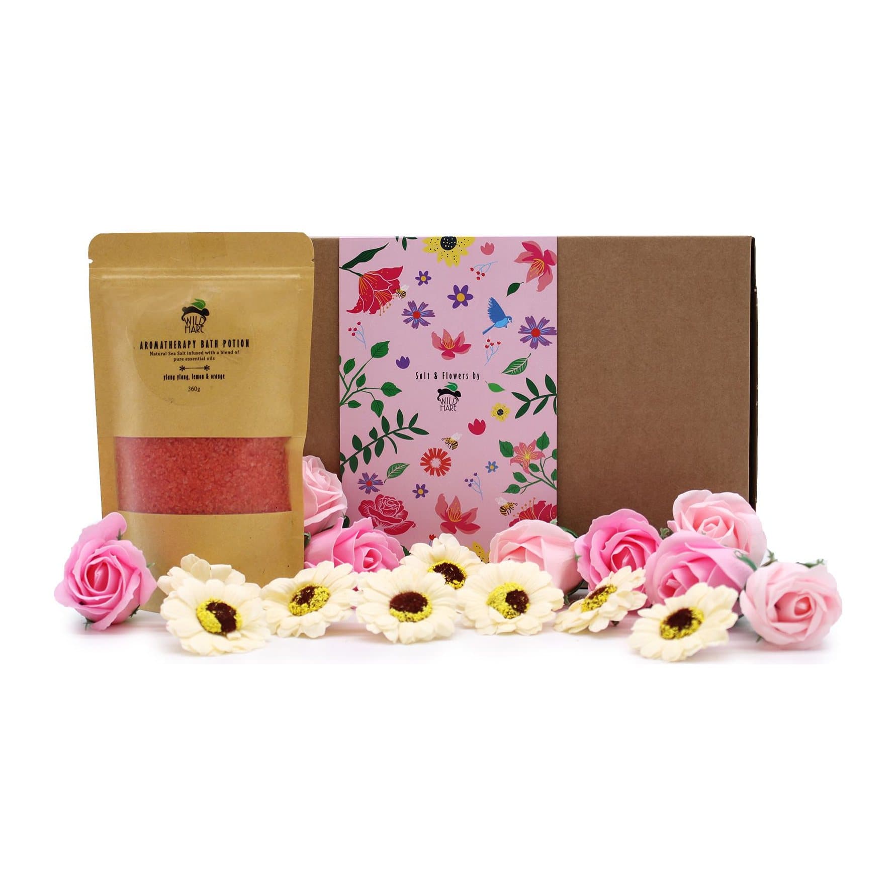 Bath salt, soap roses and soap sunflowers in a colour-matched gift box