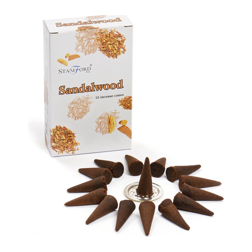 Pack of sandalwood incense cones with a metal holder