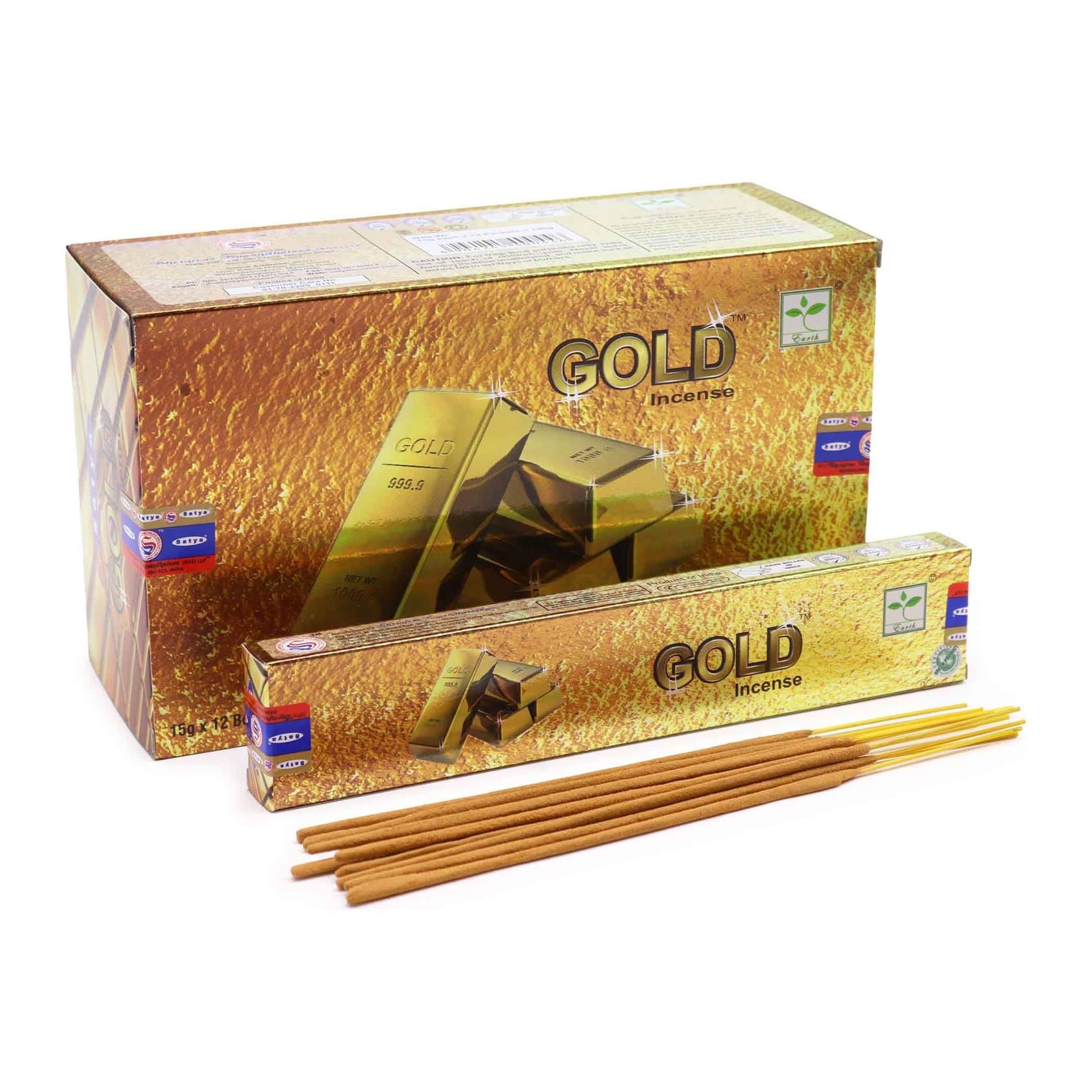 Two packs of Gold Satya incense sticks on bamboo sticks
