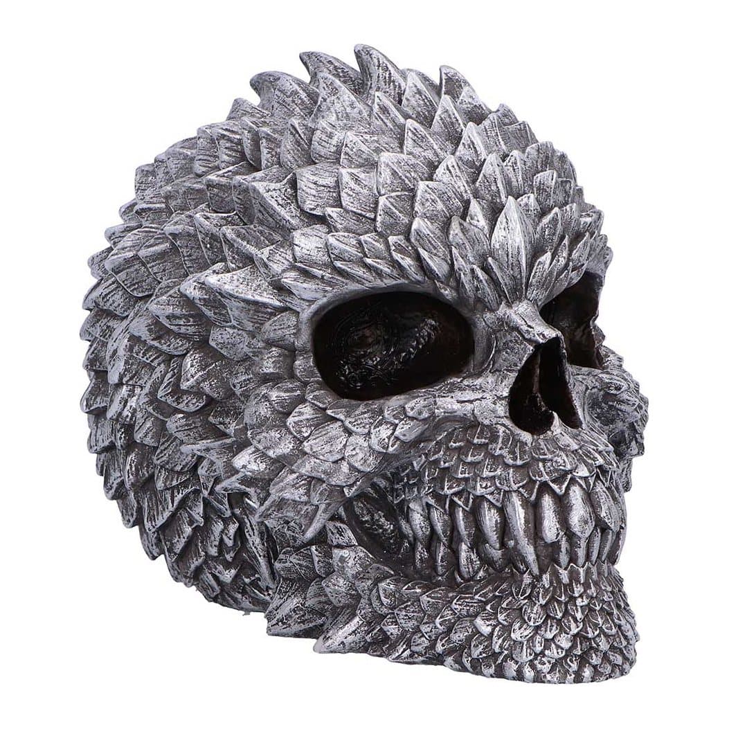 Grey scaled skull figurine with a dragon-like look