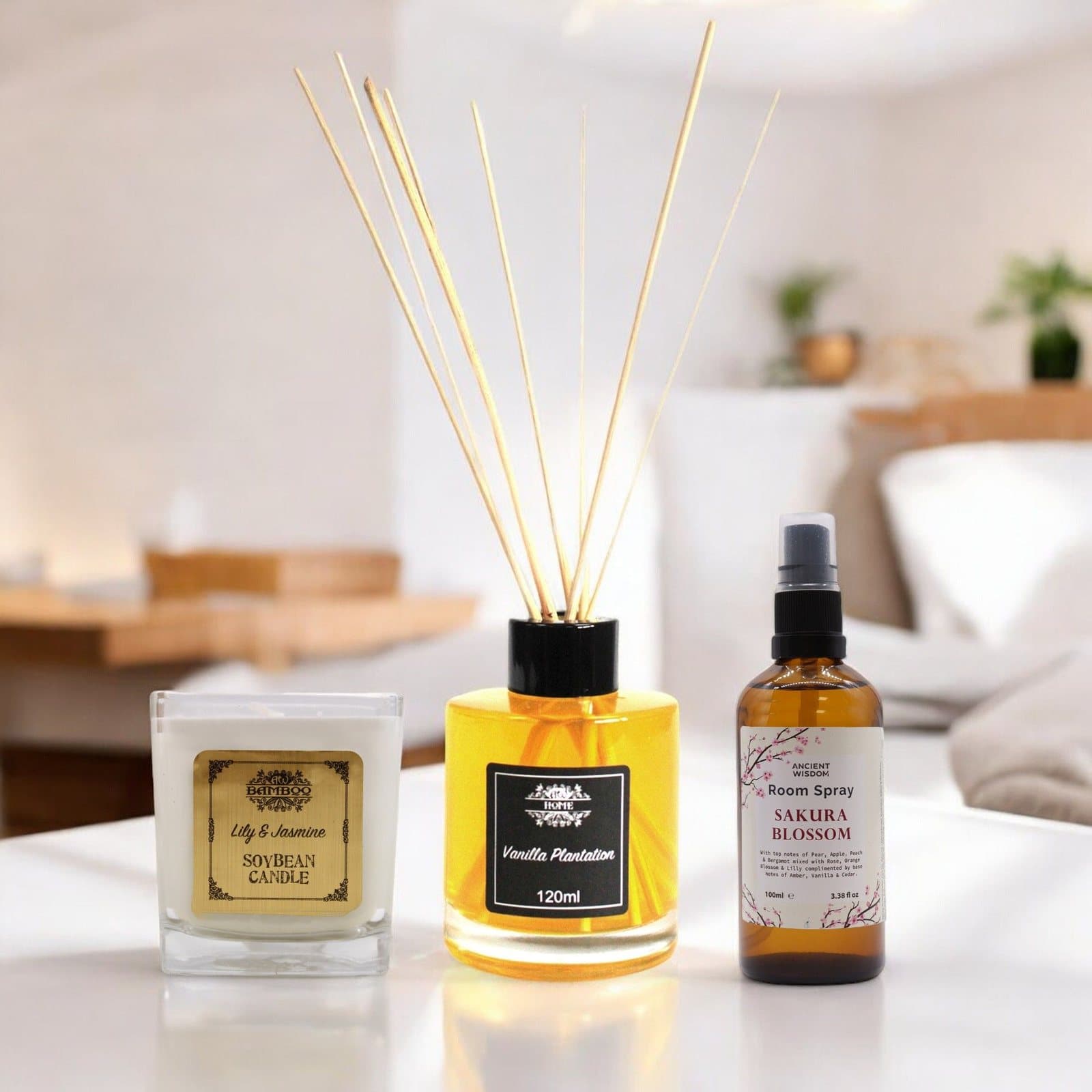 Scented home bundle of reed diffuser, room spray and candle