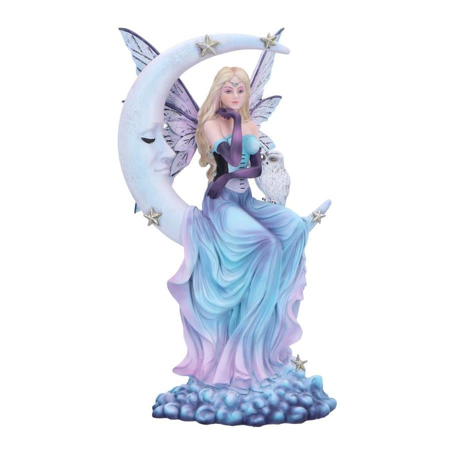 Selene fairy figurine in a blue and purple dress on a crescent moon with an owl