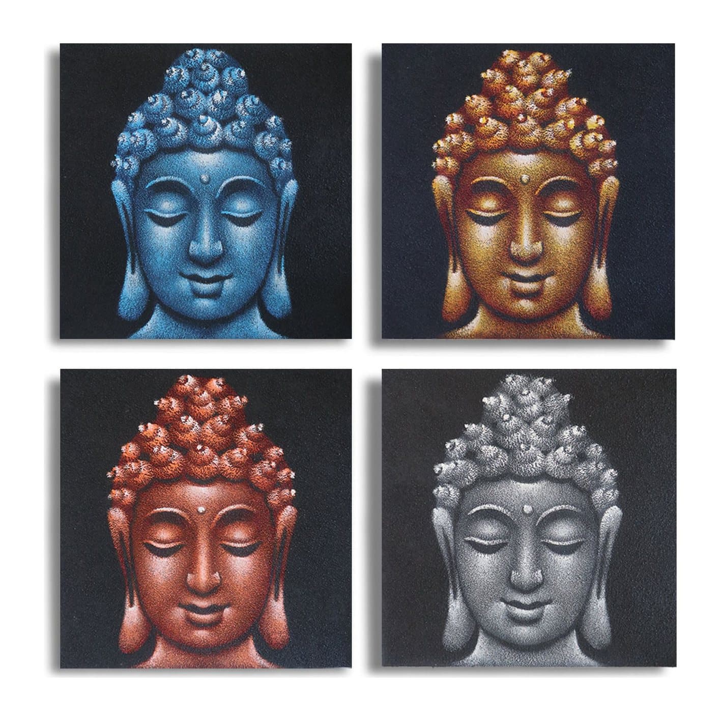 Set of four Buddha head canvas paintings with sand detail in wooden frames