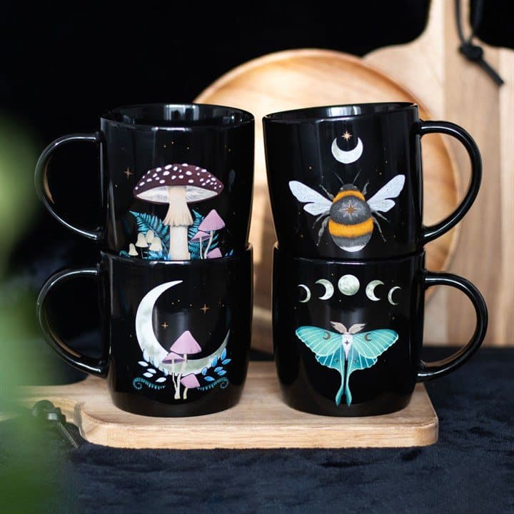 Set of four new bone china mugs with luna moth, toadstool and bee designs