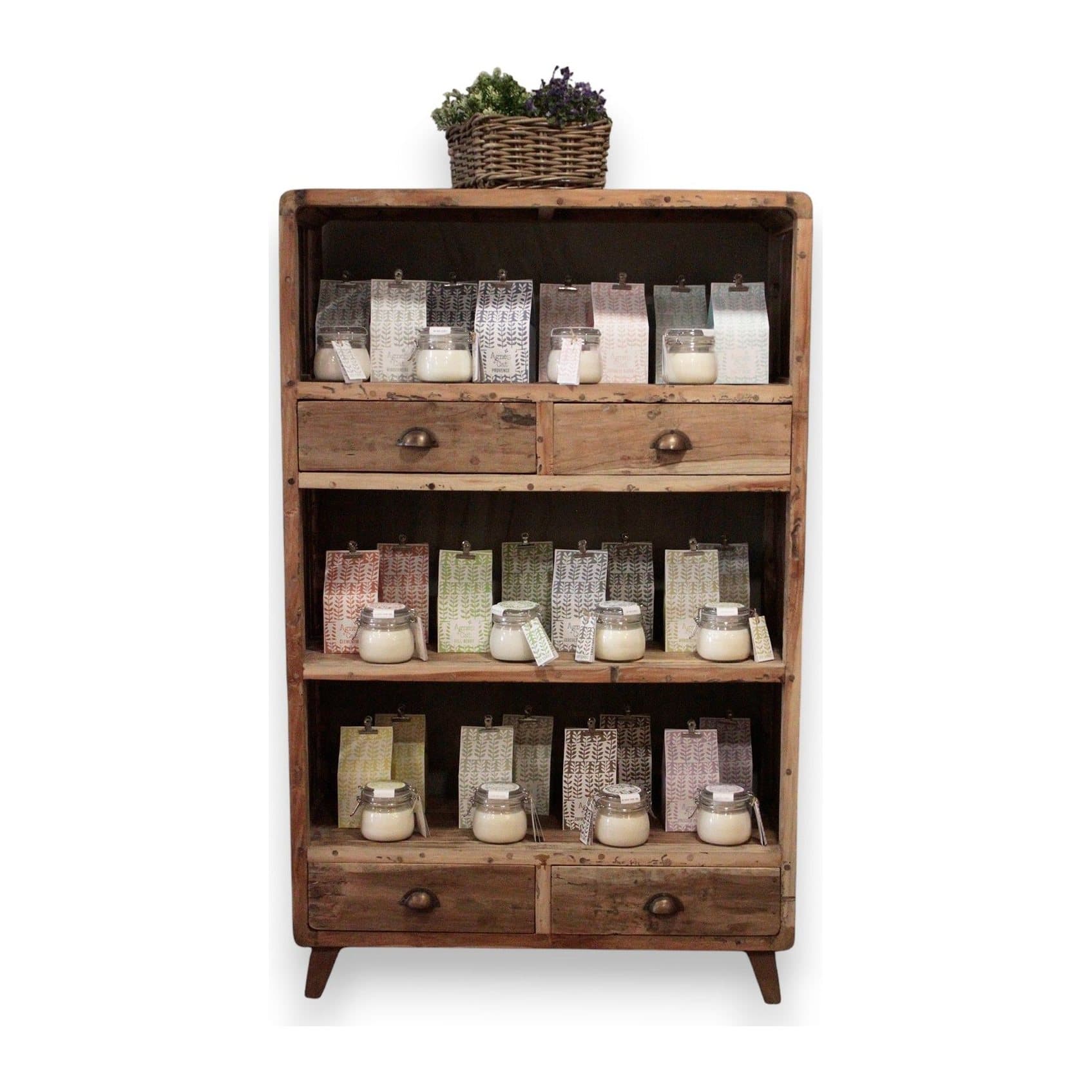 Recycled teak wood shelf display unit with shelves and drawers