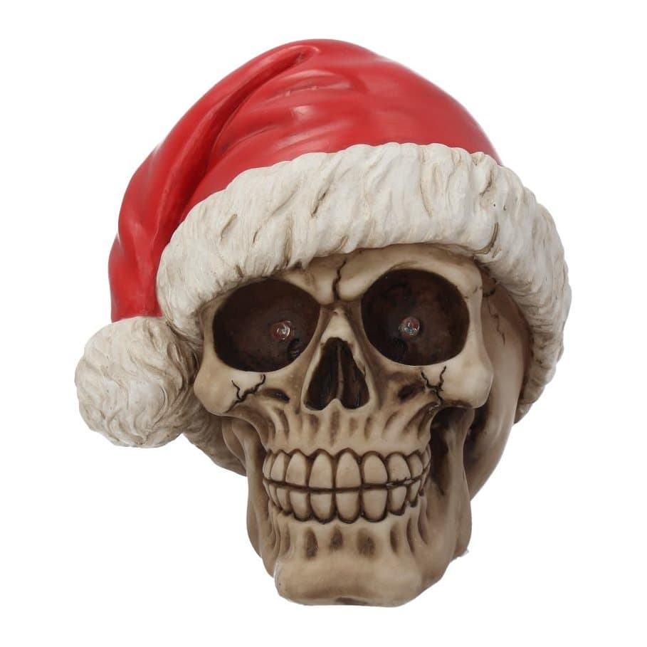 Realistic skull wearing a Christmas hat with red glowing eyes