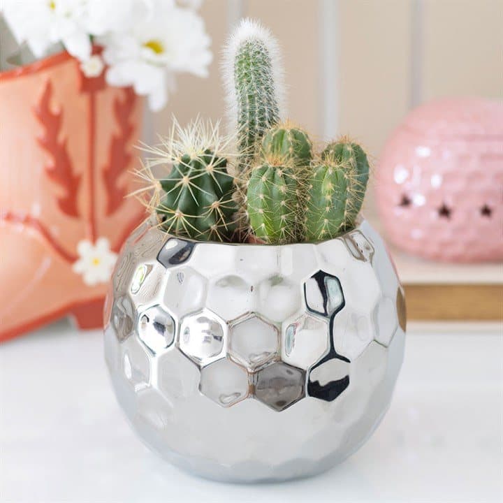 Silver ceramic disco ball shaped flower vase
