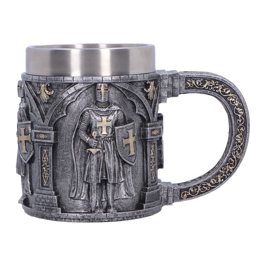 Silver knight armour tankard with crosses and knights in silver stone colouring