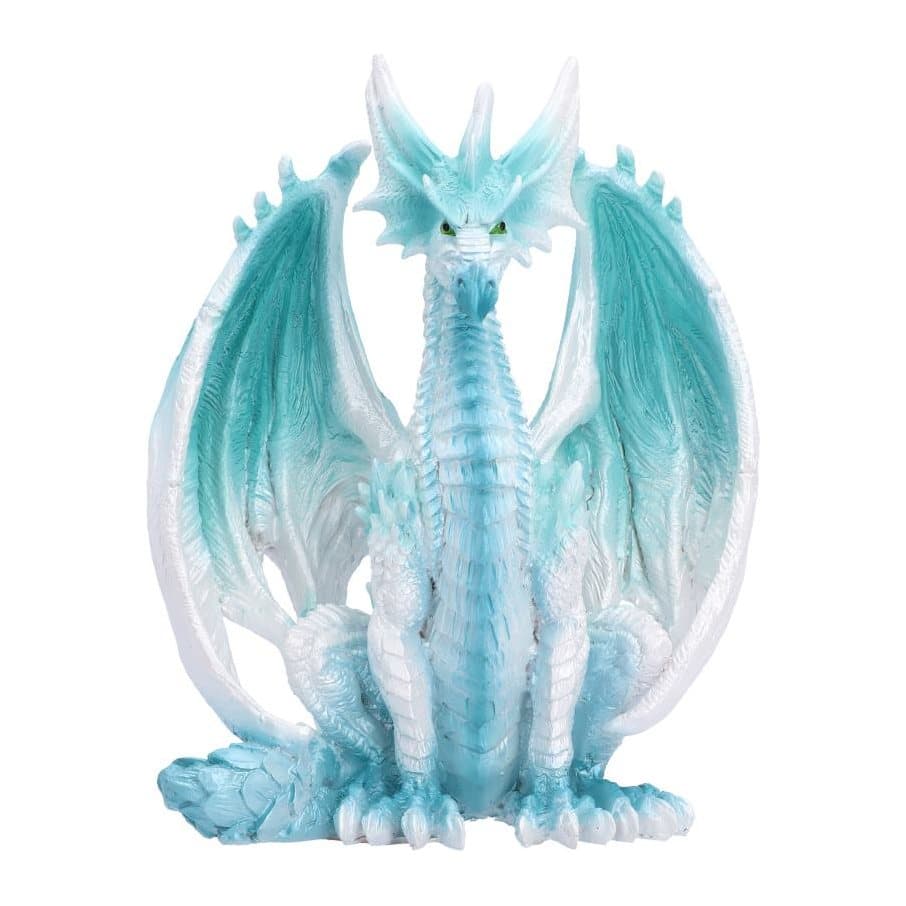 Sitting ice dragon figurine in light blue and white with puffed chest and imposing wings
