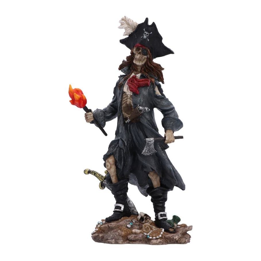 Skeletal pirate captain figurine with black hat, torch and axe on a rocky base