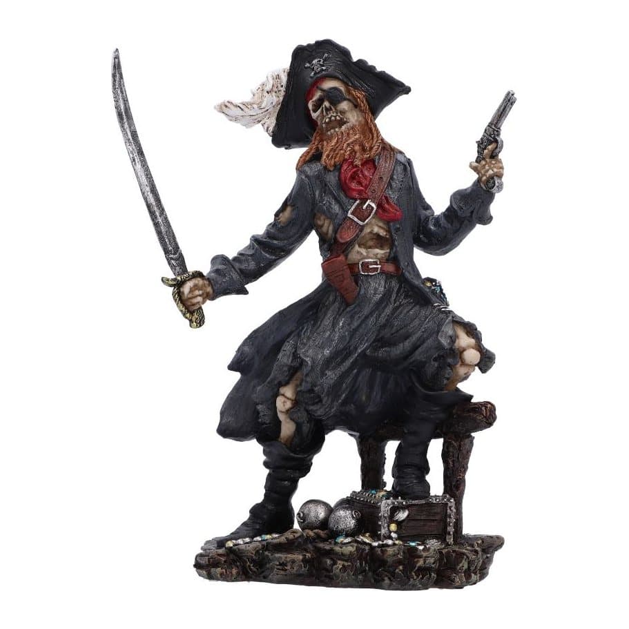 Skeletal pirate captain figurine with black hat, beard, sword and gun on a rocky base