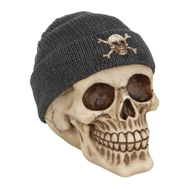 Realistic resin skull wearing a black beanie with a skull and crossbones design