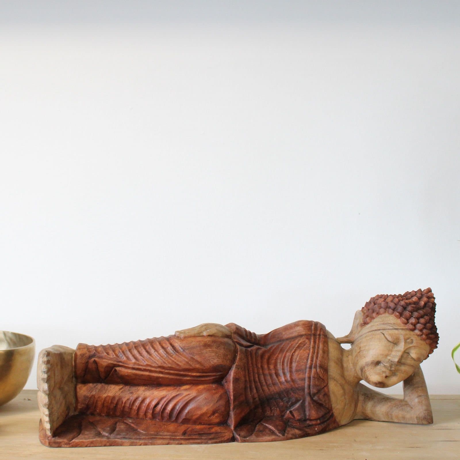 Hand carved Suar wood sleeping Buddha statue