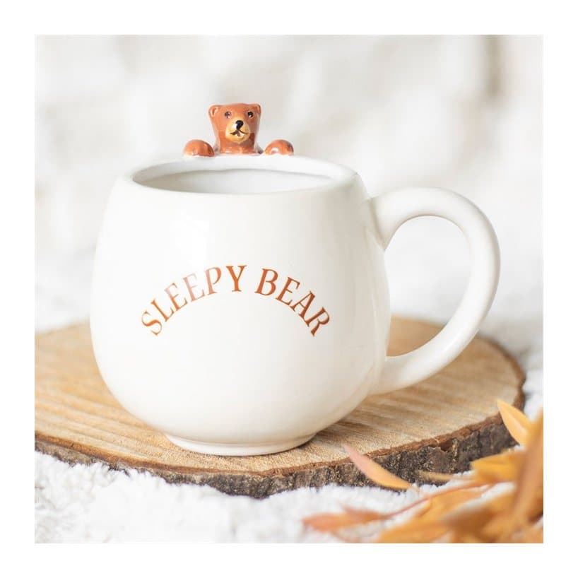 White mug with a 3D sleepy bear